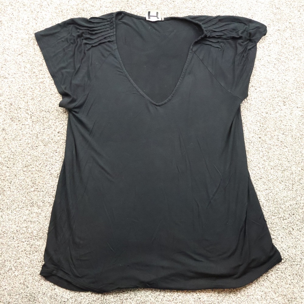 H by Bordeaux Top Womens Medium Black Pleated Shoulder‎ V Neck Tunic Blouse